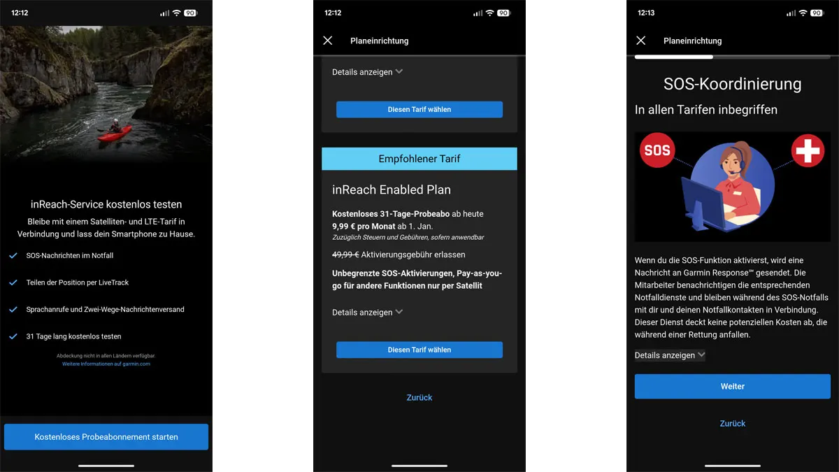 Drei Screenshots zeigen den inReach-Service von Garmin mit empfohlenem Tarif und enthaltener SOS-Koordinierung.