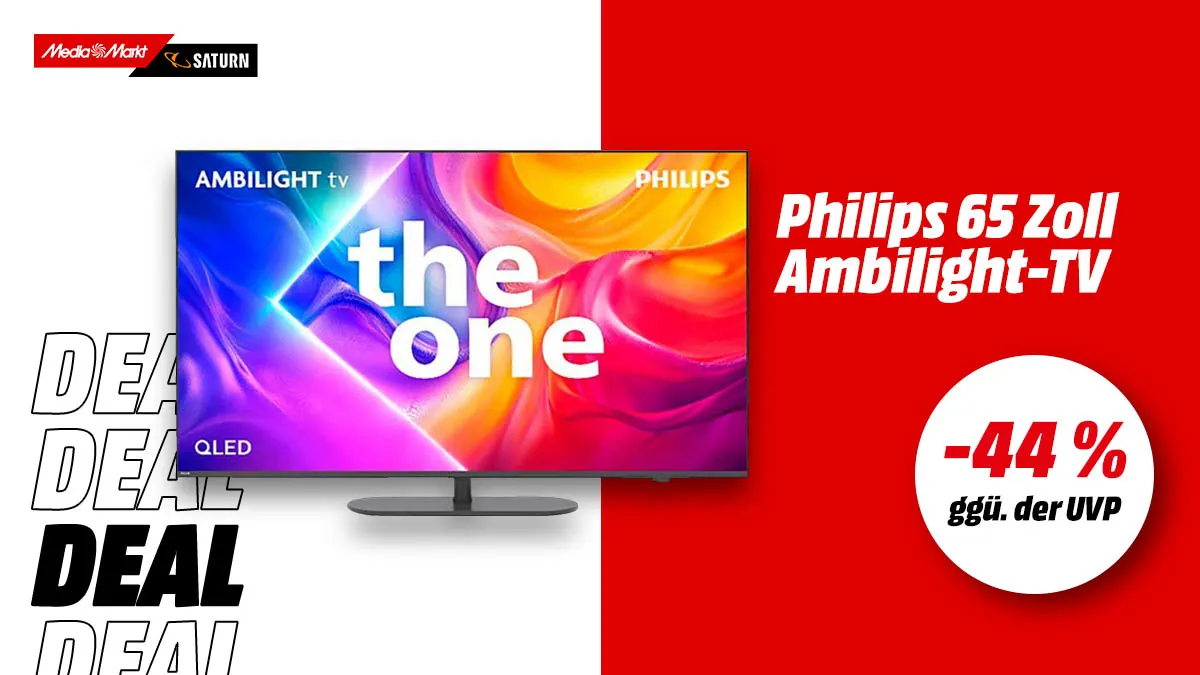Der Philips Ambilight-TV und Hinweis auf 44 Prozent gegenüber der UVP auf weiß-rotem Hintergrund.