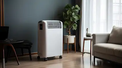 Ein Raum zeigt einen weißen Luftreiniger, einen Tisch mit Laptop, eine Pflanze und ein graues Sofa vor einem Fenster.