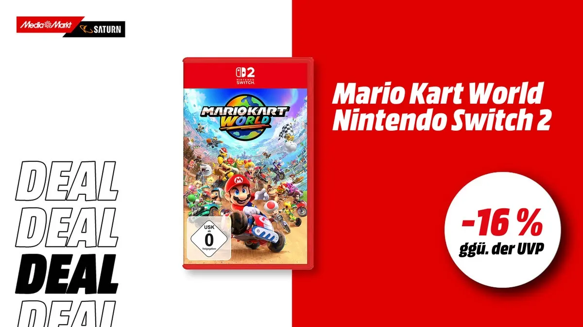 Mario Kart World für Nintendo Switch 2 – jetzt mit -16 % (ggü. der UVP) reduziert, Packshot des Spiels