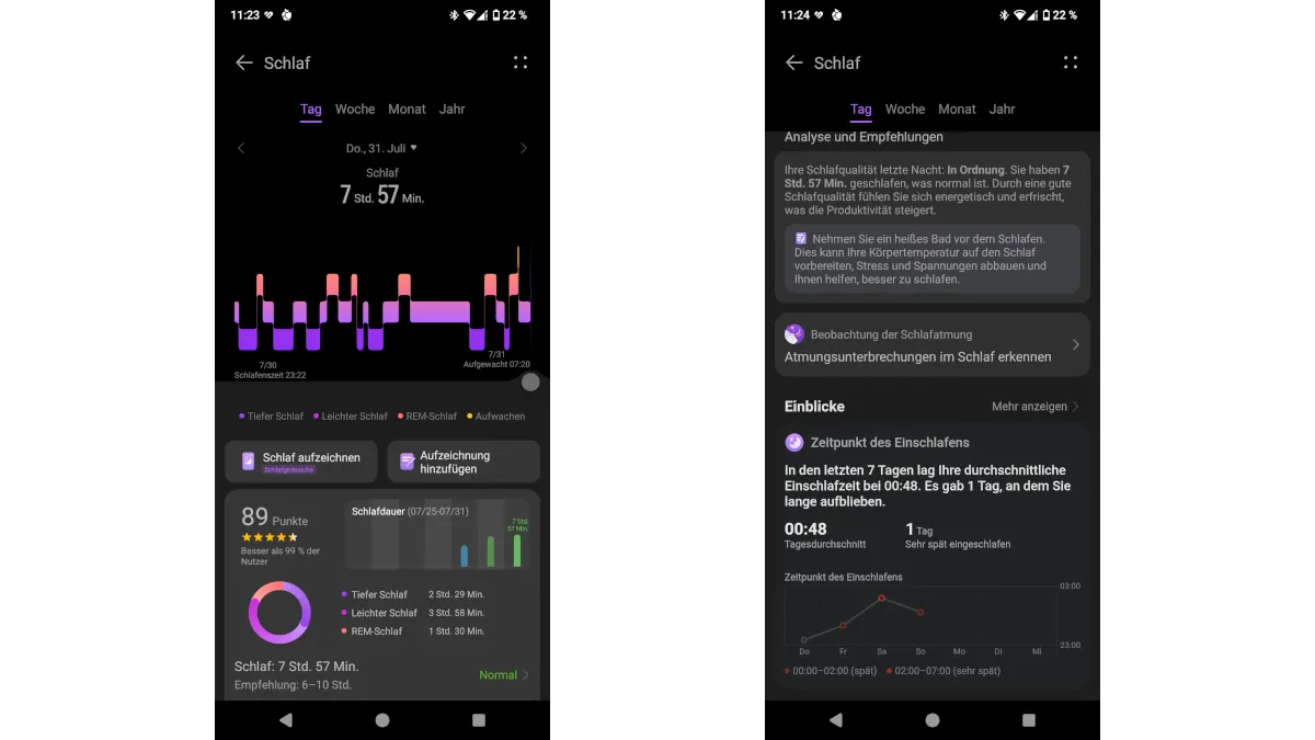 Screenshots der Schlafanalyse in der Huawei-Health-App.
