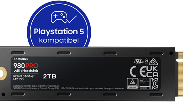 SAMSUNG 980 PRO Heatsink PS5 2 TB, Gaming Festplatte untere Seite mit Playstation 5 Zeichen dahinter