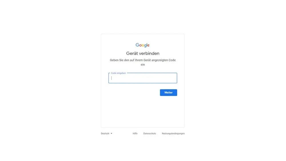 Google "Gerät verbinden"-Seite mit Eingabefeld und blauem "Weiter"-Button auf weißem Hintergrund. Text fordert zur Code-Eingabe auf.