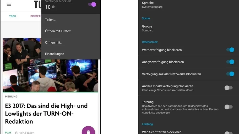 Zwei Smartphone-Screenshots: Menüs mit Optionen wie "Teilen", "Datenschutz", "Sprache" und Artikeln über E3 2017. Blaue und graue Farbschemata dominieren.