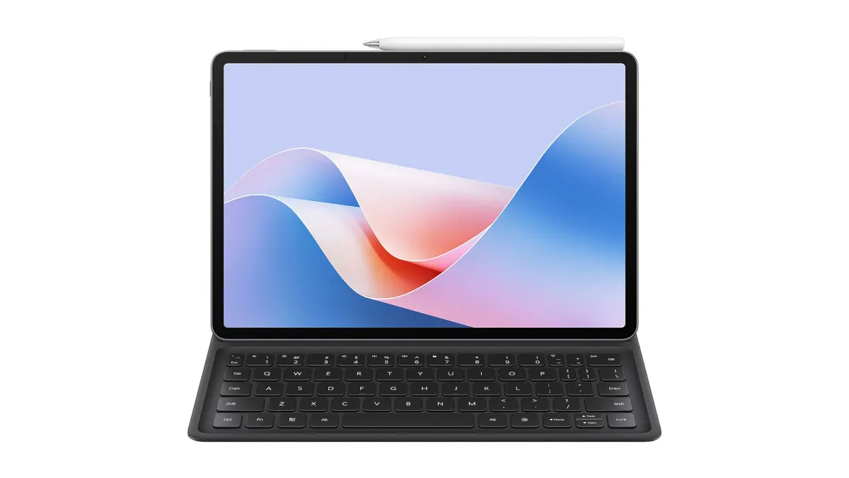 Ein Tablet mit einer Tastatur und einem Stift oben auf dem Bildschirm. Der Bildschirm zeigt ein abstraktes Design.