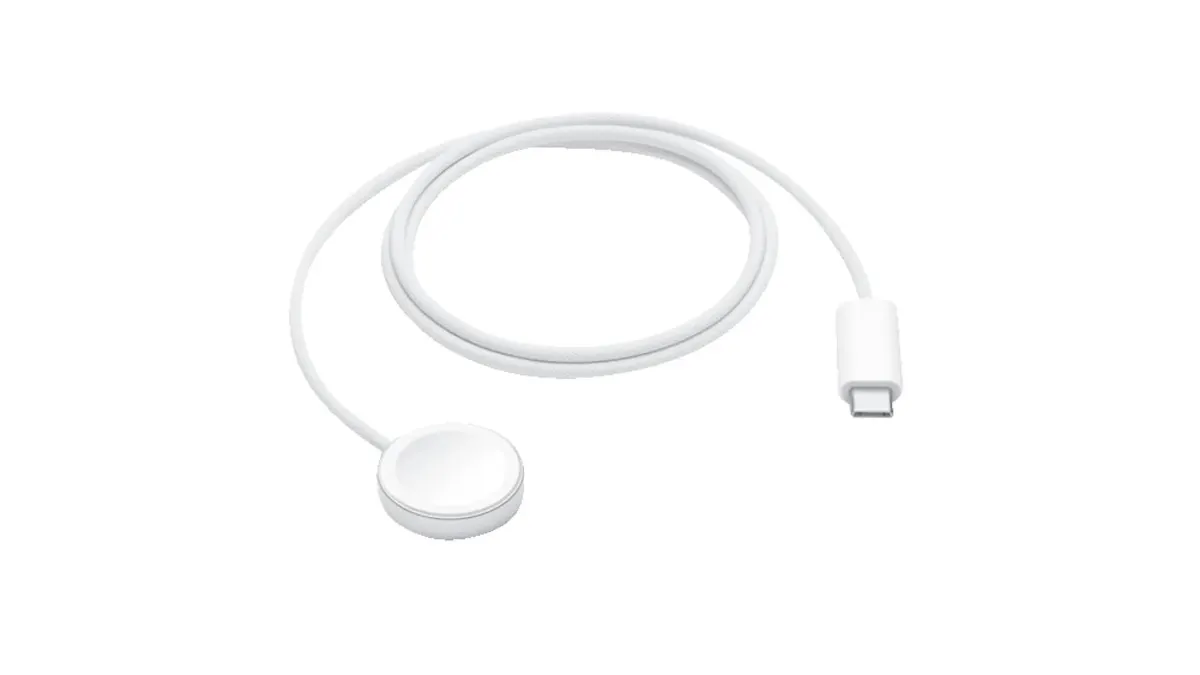 Weißes Ladekabel für eine Smartwatch, mit USB-C-Anschluss und kreisförmigem magnetischen Ladeanschluss auf weißem Grund.