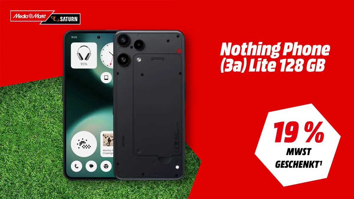 Das Nothing Phone und Hinweis auf Mehrwertsteuer-geschenkt-Aktion bei MediaMarkt.