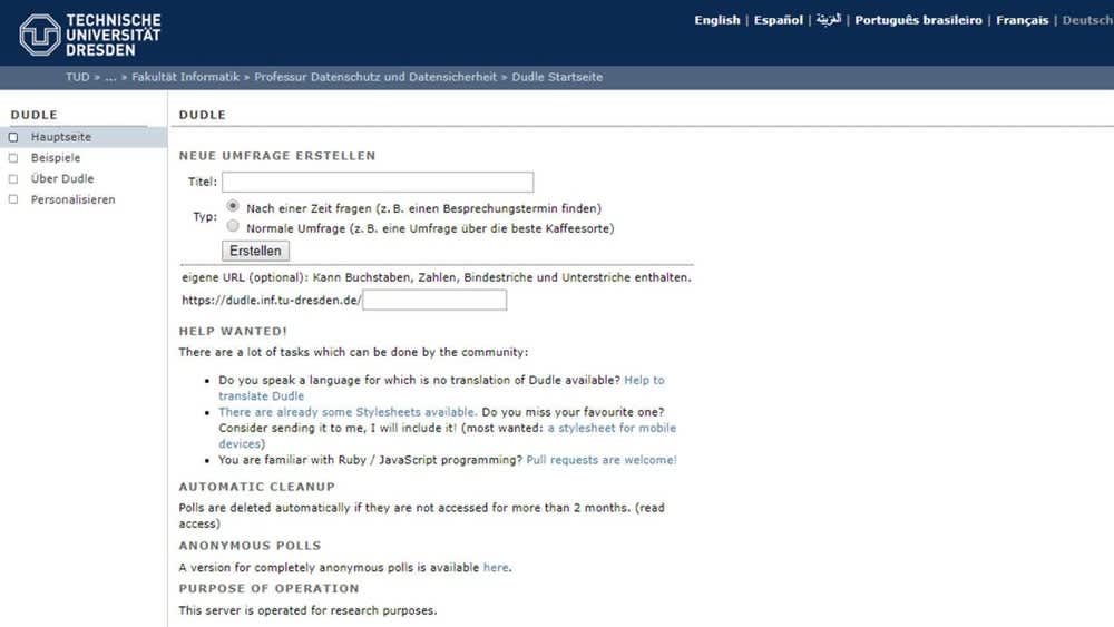 Der Screenshot der Dudle-Website zeigt, wie eine neue Umfrage erstellt werden kann.