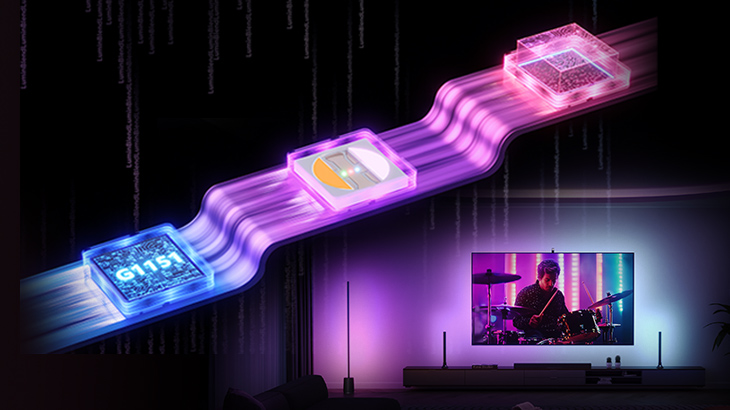 Drei schwebende Prozessoren in violettem Lichtstrahl mit Datenübertragung, daneben Gaming-Setup mit Monitor und RGB-Beleuchtung. 