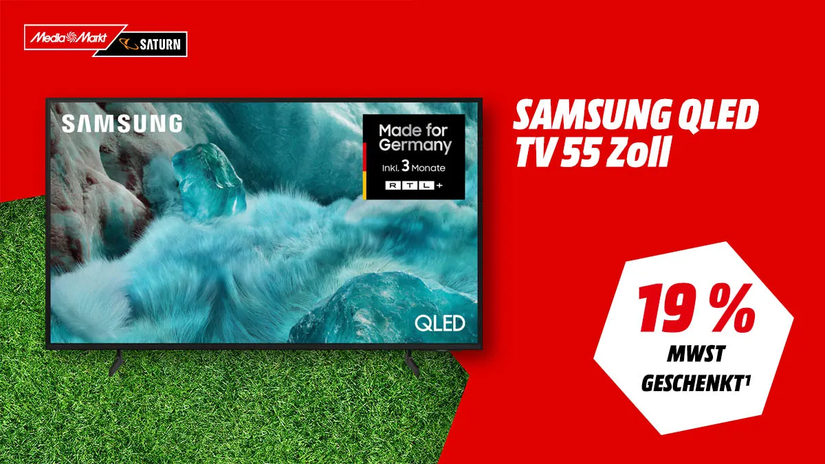 Der Samsung QLED TV 55 Zoll und Hinweis auf Mehrwertsteuer-geschenkt-Aktion bei MediaMarkt.