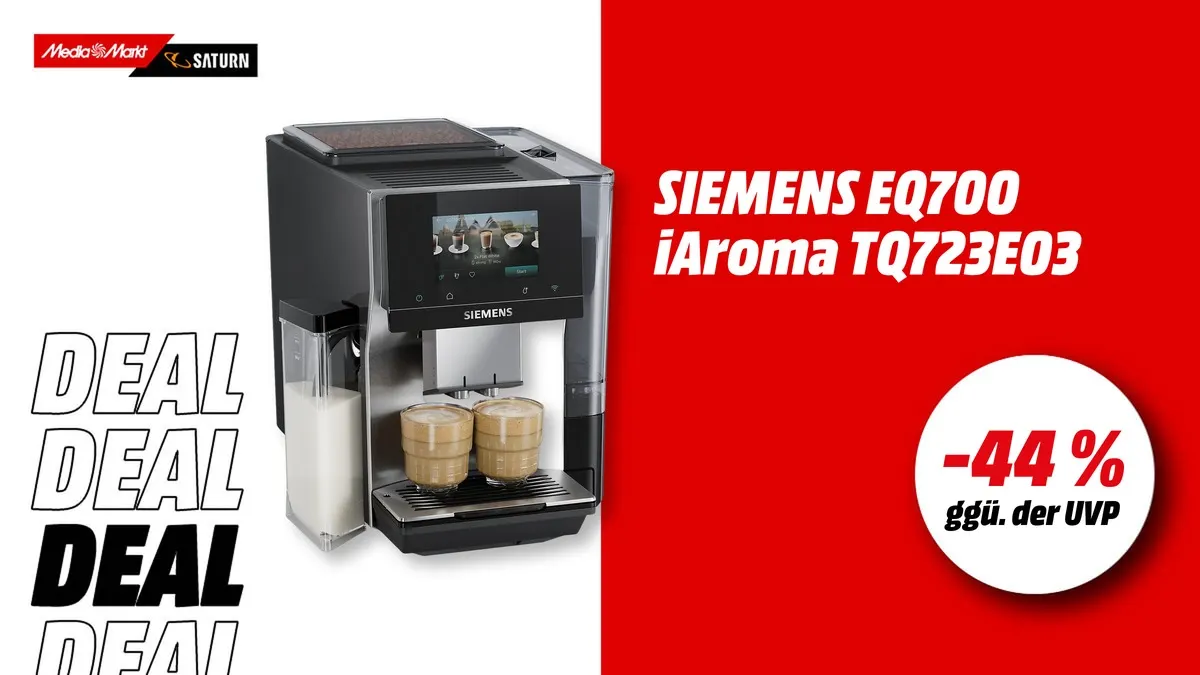 Siemens EQ700 iAroma Kaffeevollautomat in Edelstahl, aktuell mit -44 % (ggü. der UVP) reduziert