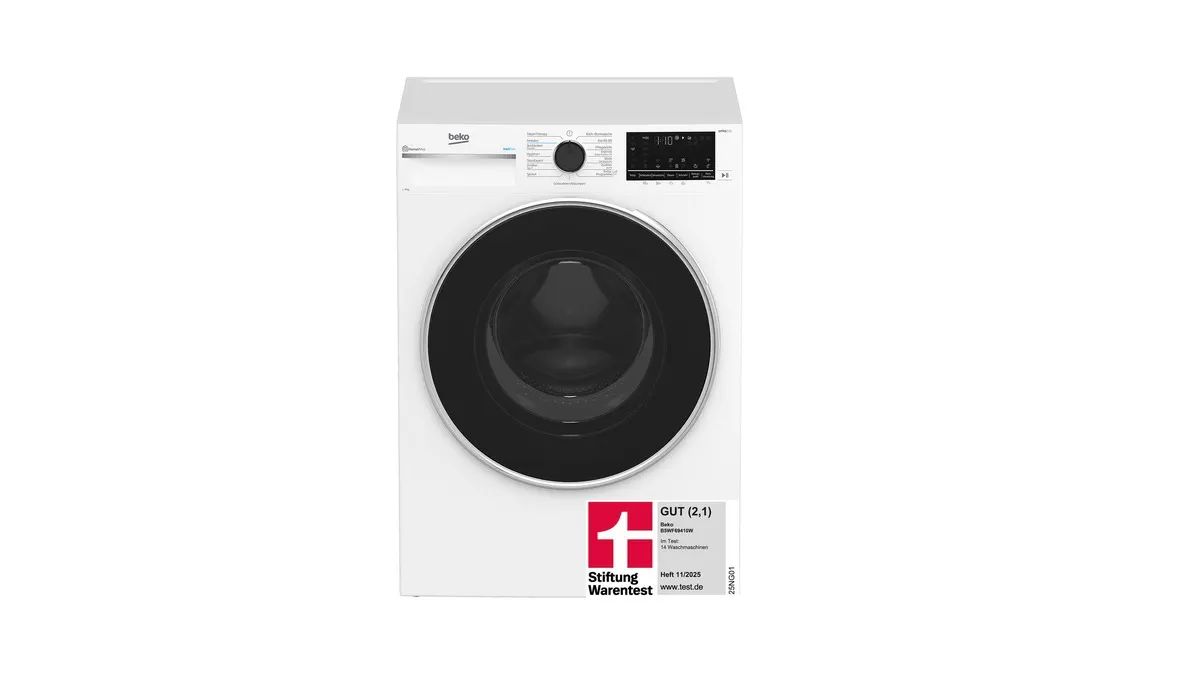 Die Waschmaschine Beko B5WF69410W vor einem weißen Hintergrund.