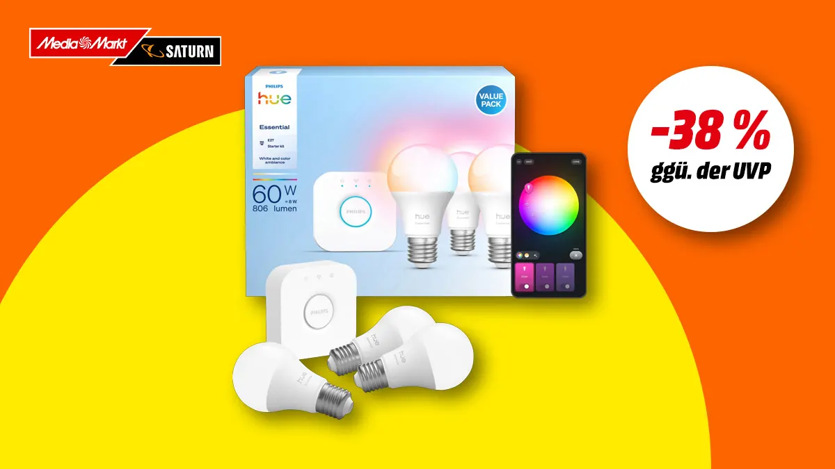 Philips Hue Essential Kit und Hinweis auf 38 Prozent Rabatt gegenüber UVP auf buntem Hintergrund.