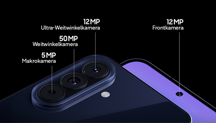 Nahaufnahme der Front- sowie der drei Rückkameras des Galaxy A57. 