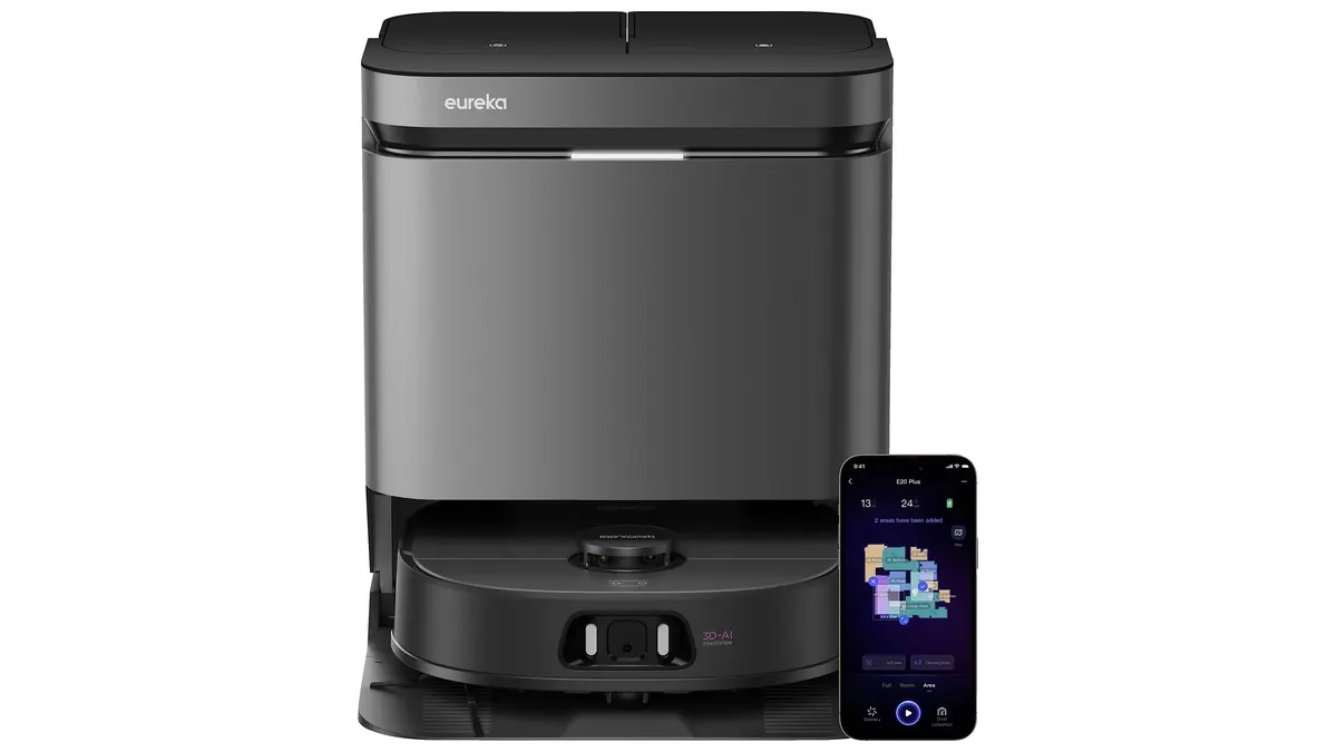 Der Saug-und-Wischroboter Eureka J15 Pro Ultra an seiner Basisstation, daneben ein Smartphone, das die zugehörige App zeigt.