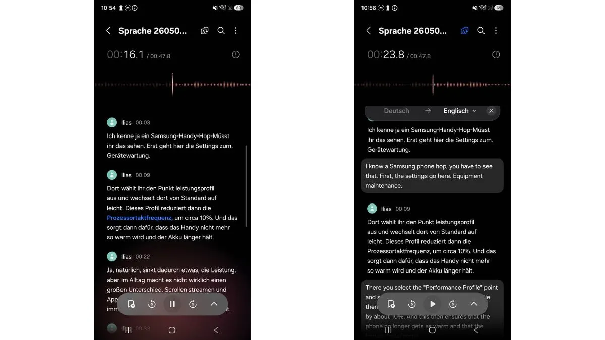 Zwei Screenshots zeigen ein Transkript von einem TURN ON Video. Auf dem zweiten Screenshot sind die Texte zusätzlich in englischer Sprache abgebildet.
