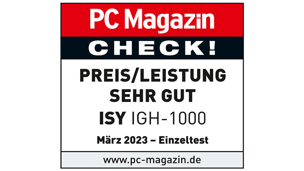PC Magazin Check Auszeichnung in Rot und Schwarz. Preis/Leistung sehr gut für ISY IGH-1000, Einzeltest März 2023, www.pc-magazin.de.