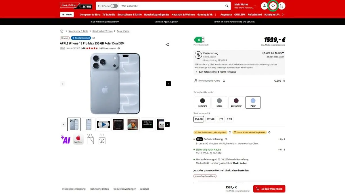 Screenshot der Produktseite des Apple iPhone 18 Pro Max auf talheim.live, das Herz oben rechts neben dem Profilsymbol ist mit einem grünen Kreis markiert.