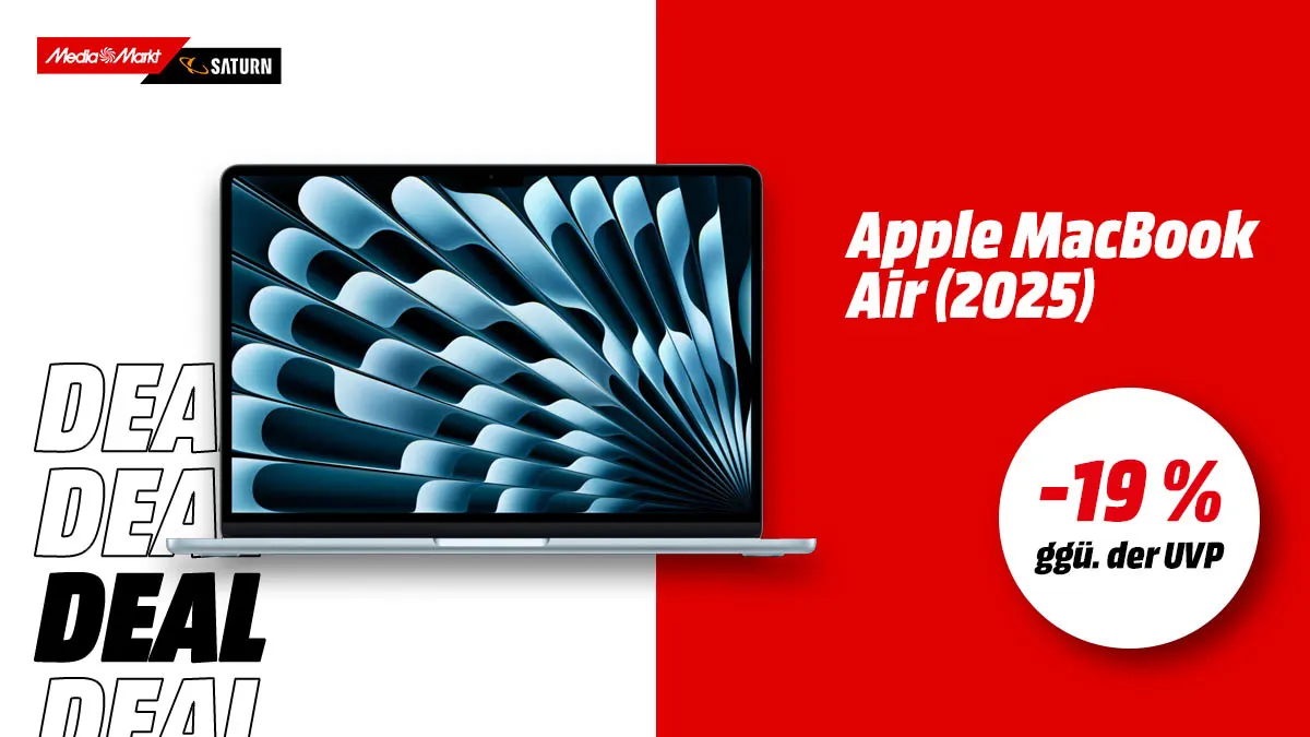 Das Apple MacBook Air und Hinweis auf 19 Prozent Rabatt gegenüber der UVP auf weiß-rotem Hintergrund.