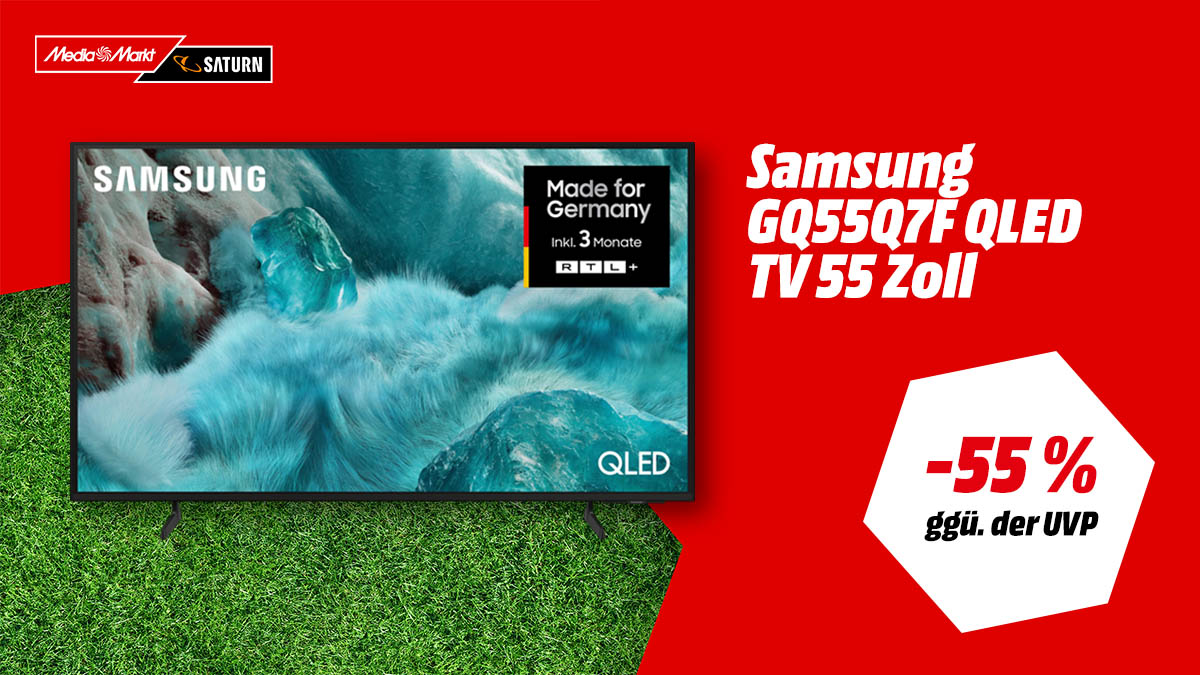 Der Samsung GQ55Q7F QLED TV und Hinweis auf 55 Prozent gegenüber der UVP auf weiß-rotem Hintergrund.