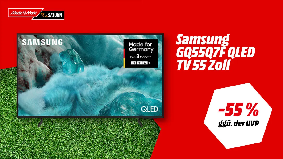 Der Samsung GQ55Q7F QLED TV und Hinweis auf 55 Prozent gegenüber der UVP auf weiß-rotem Hintergrund.