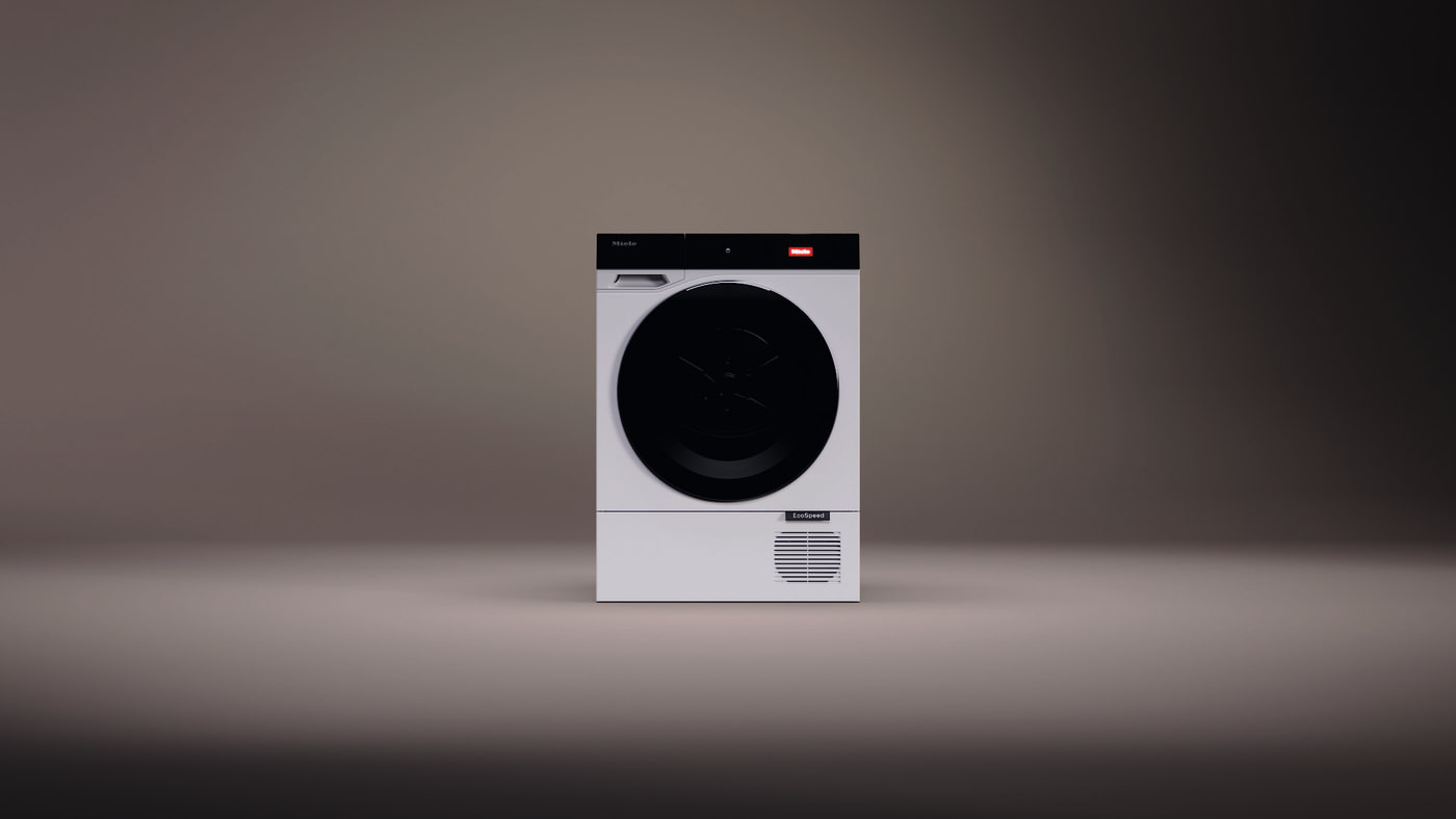 Ein weißer Wäschetrockner mit schwarzer Tür steht vor einem grauen Hintergrund. Oben rechts leuchtet ein rotes Licht.