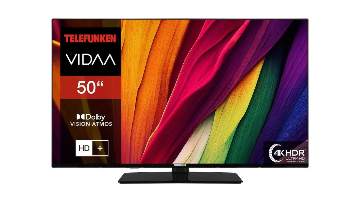 Der Smart-TV Telefunken XU50VP750M vor weißem Hintergrund.