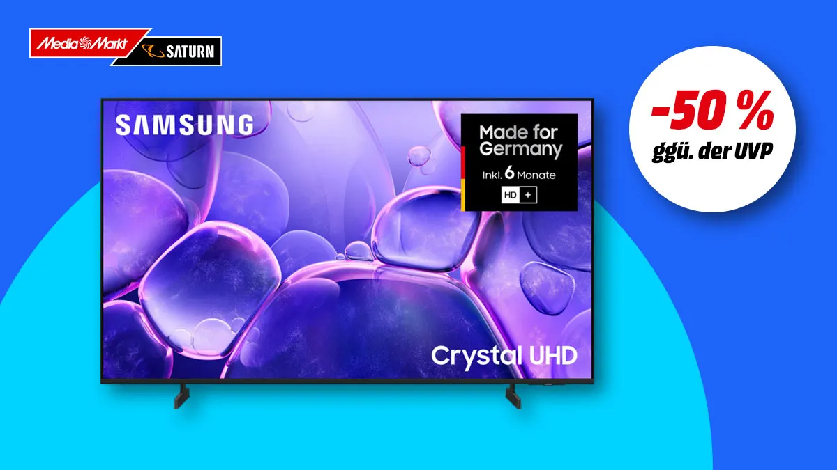 Samsung Crystal UHD Smart TV, Hinweis auf 50 Prozent Rabatt gegenüber UVP auf blauem Hintergrund. 