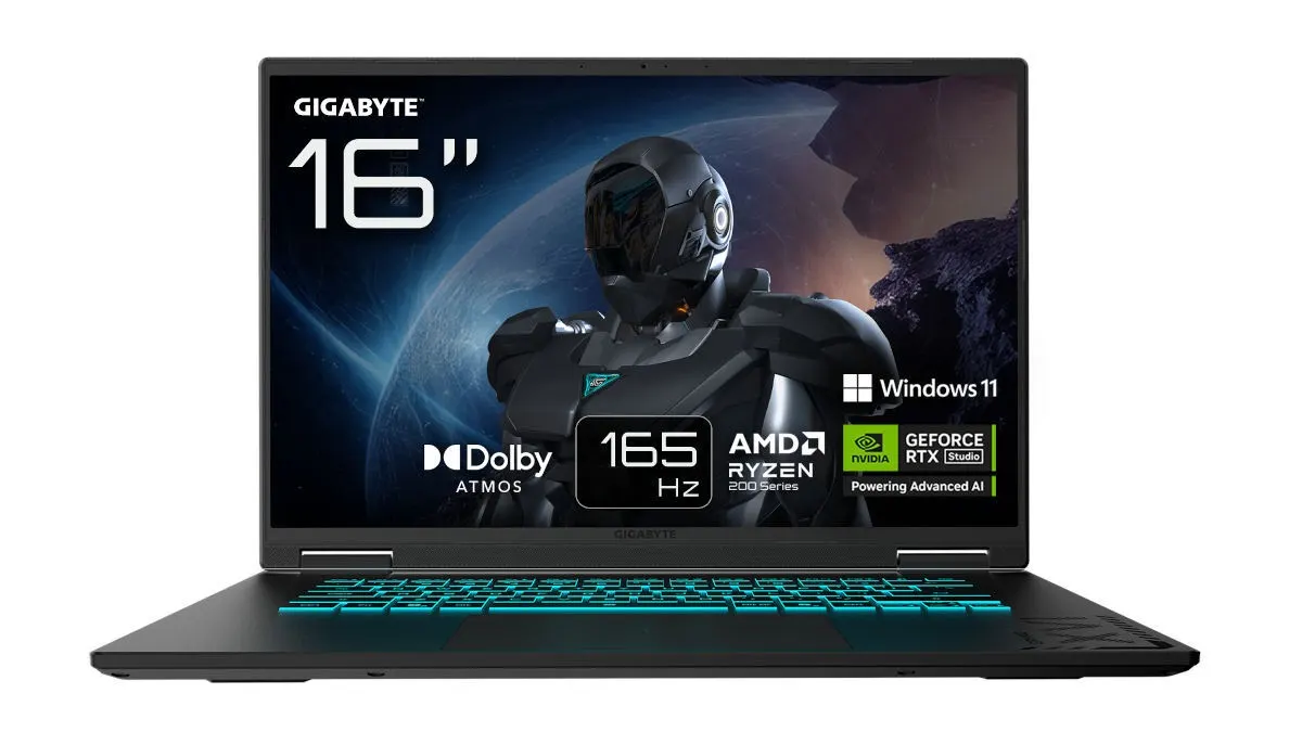 Der Gigabyte Gaming A16 3THK3DE894SH vor weißem Hintergrund.