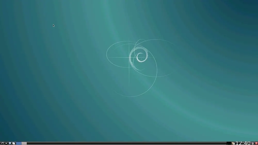 Ein türkisfarbener Bildschirmhintergrund mit einer weißen Spiralgrafik in der Mitte und einer Menüleiste am unteren Rand.