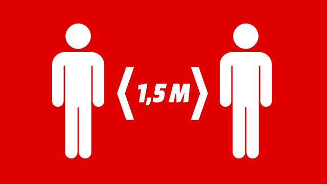 Roter Hintergrund mit zwei weißen Piktogrammen von Personen, getrennt durch eine Abstandsangabe von 1,5 Metern in Weiß.