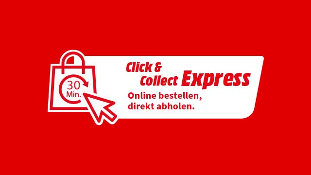 Roter Hintergrund mit weißem Banner "Click & Collect Express". Einkaufstasche, Mauszeiger und Text: "Online bestellen, direkt abholen."