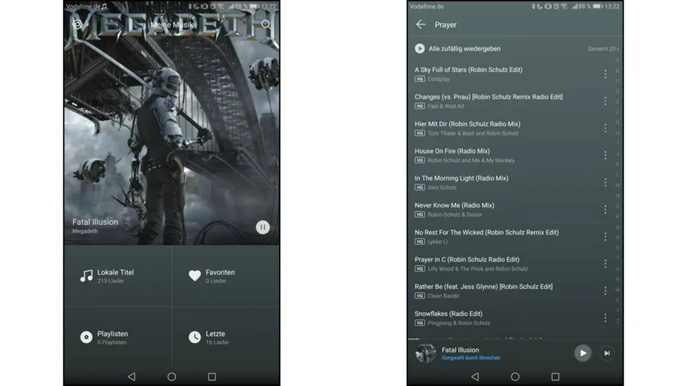 Zwei Screenshots einer Musik-App auf einem Smartphone. Der linke zeigt ein Albumcover, der rechte eine Wiedergabeliste.