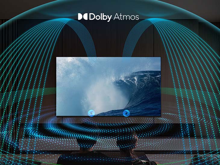  TV mit Meereswelle auf dem Bildschirm; animierte Klangbögen veranschaulichen Dolby-Atmos-Raumklang im Wohnzimmer.