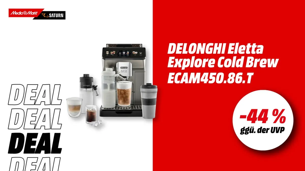 DeLonghi ECAM450.86.T Kaffeevollautomat Eletta Explore Cold Brew in Titan, Frontansicht, aktuell stark reduziert bei MediaMarkt