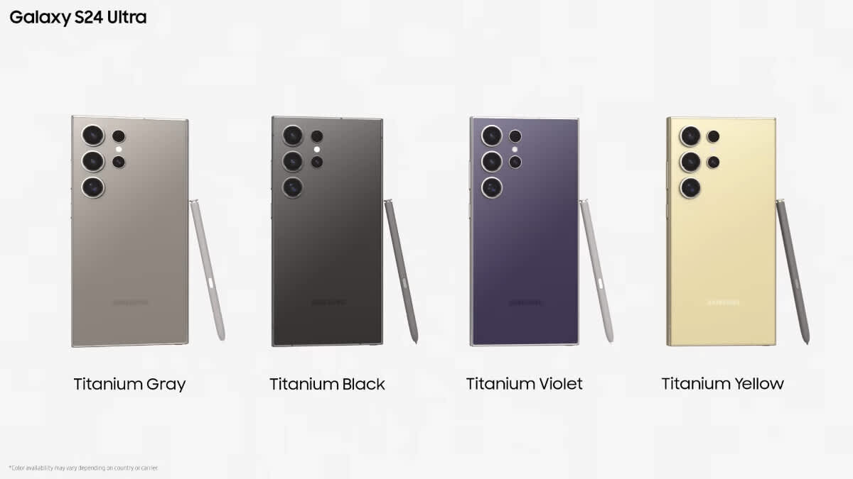 Vier Samsung Galaxy S24 in unterschiedlichen Farben.