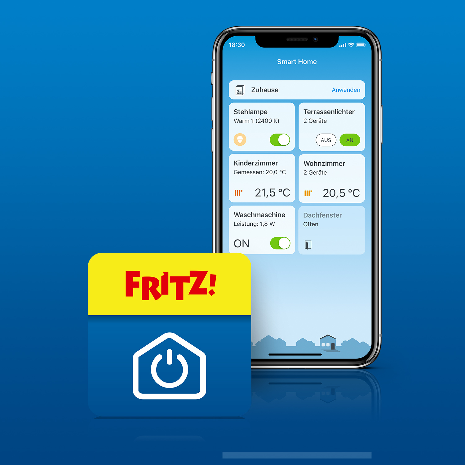 Ein Smartphone zeigt eine Smart-Home-App mit verbundenen Geräten. Daneben ein blaues Quadrat mit gelbem FRITZ!-Logo.