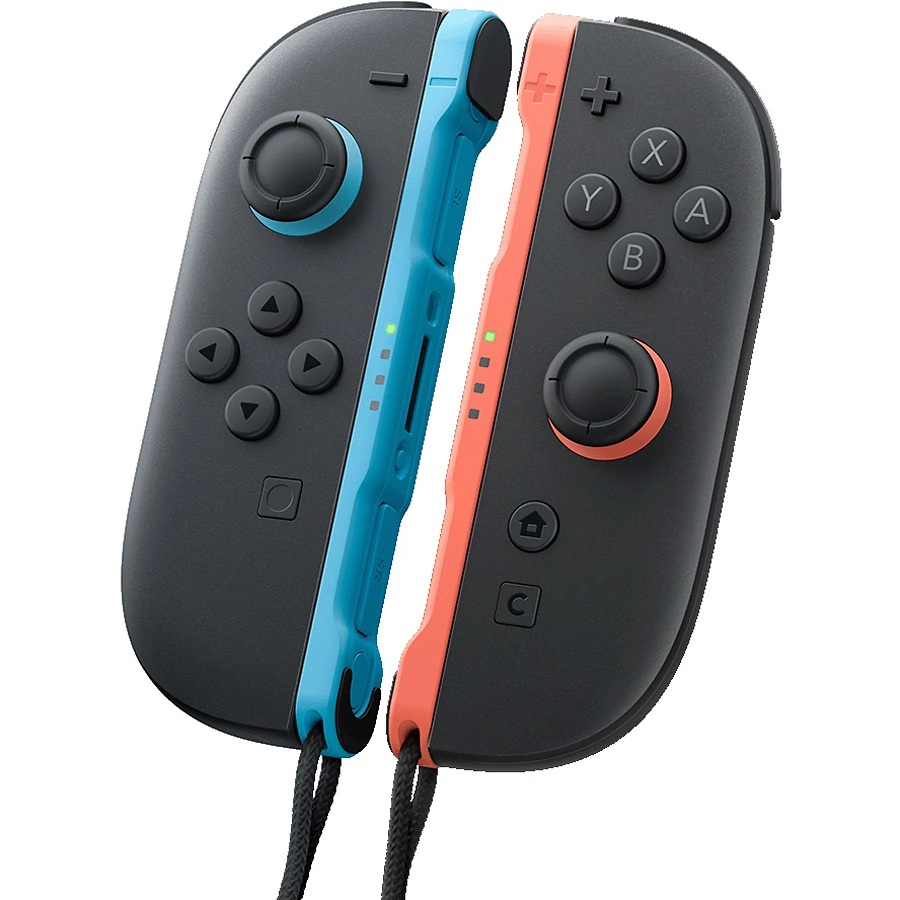Alt-Text: Das NINTENDO Switch 2 Joy-Con 2er-Set Controller zeigt die Vorderseite mit Steuerknöpfen und Joysticks, blaue und rote Farbvariante, flexibles Gaming-Zubehör.