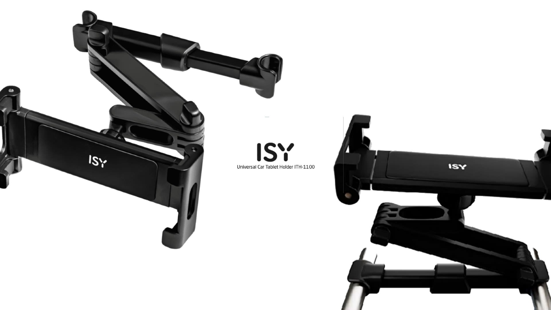 Verschiedene Ansichten der ISY ITH-1100, Universal Kfz Tablethalterung für Kopfstuetzen mit Logo in der Mitte und Poroduktbezeichnung