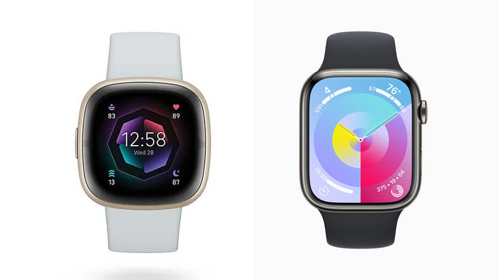 Eine Fitbit Sense 2 steht neben einer Apple Watch Series 9.