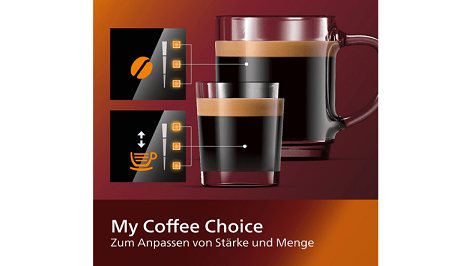 Zwei Tassen Kaffee von PHILIPS EP2220/40 Serie 2200 Kaffeevollautomat und Überschrift: Zum Anpassen von Stärke und Menge