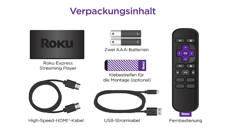 Verpackungsinhalt vom ROKU Express HD Streaming Player, Schwarz samt HDMI und USB Kabeln, Fernbedienung, Zwei Batterien