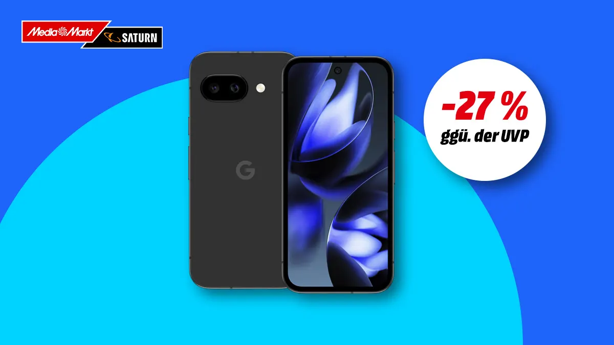 Google Pixel 9a, Hinweis auf 27 Prozent Rabatt gegenüber UVP auf blauem Hintergrund. 