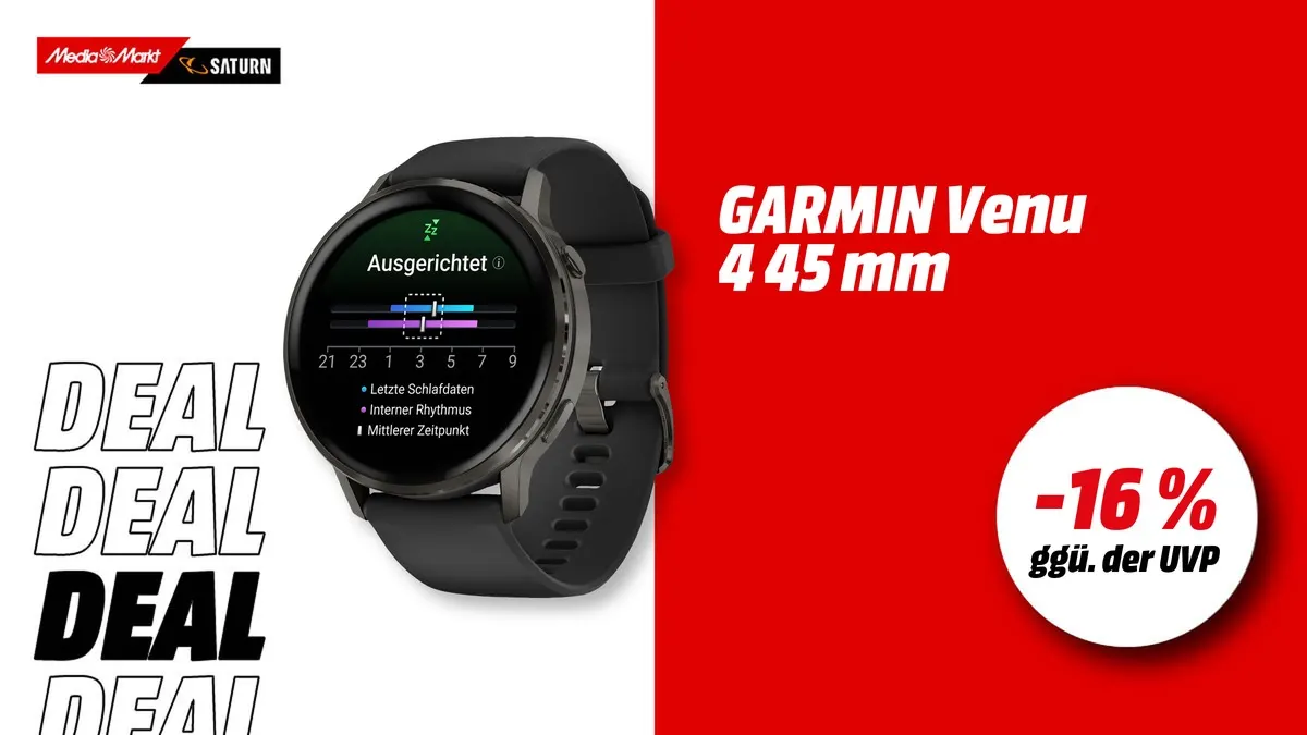 Garmin Venu 4 Smartwatch in Schwarz/Schiefergrau mit Edelstahlgehäuse und Silikonarmband, 45 mm