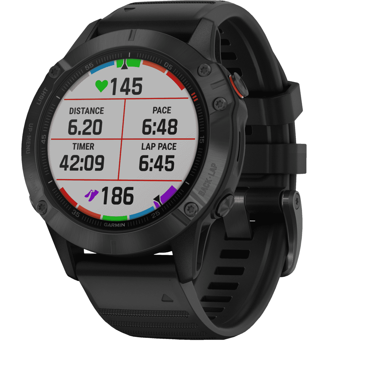 GARMIN Fenix 6 Pro Smartwatch Daten wie Laufzeit Laufstrecke Puls werden angezeigt