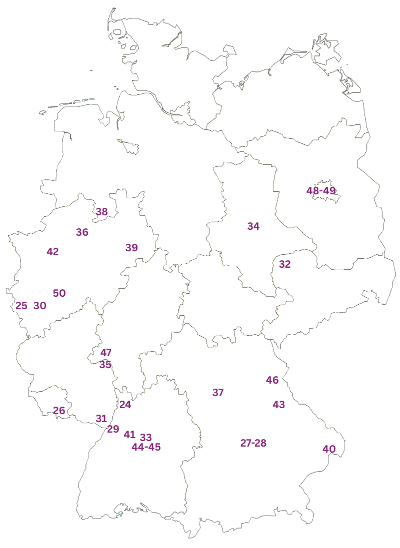 Deutschlandkarte mit nummerierten Standorten (24-50) vor einem weißen Hintergrund.