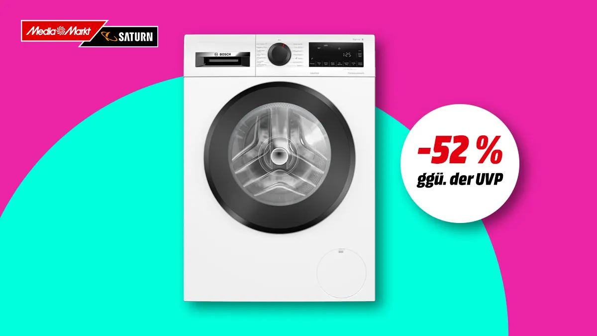 Bosch Waschmaschine WGG244, Hinweis auf 59 Prozent Rabatt gegenüber UVP auf buntem Hintergrund.