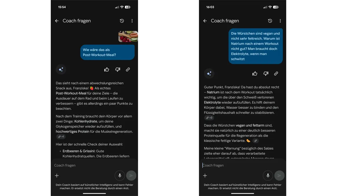 Links: Der KI-Coach in Google Health beurteilt einen Snack-Teller und korrigiert anschließend seine Aussage zu Natrium nach dem Training.