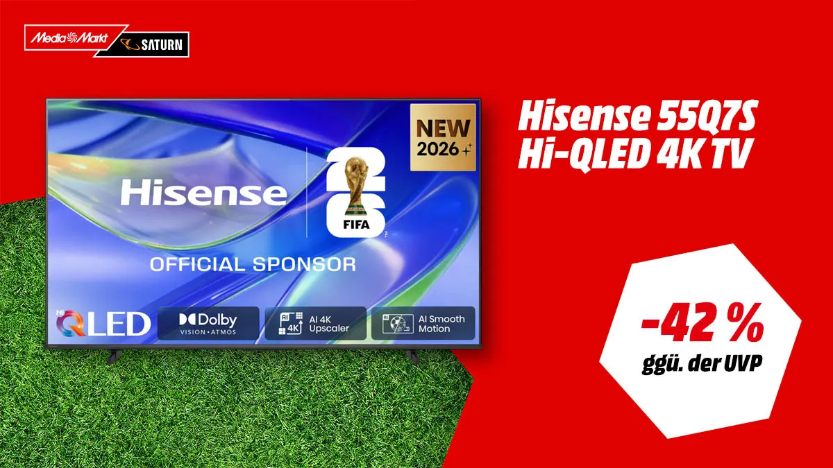 Der Hisense Hi-QLED-TV und Hinweis auf 42 Prozent Rabatt ggü. der UVP.