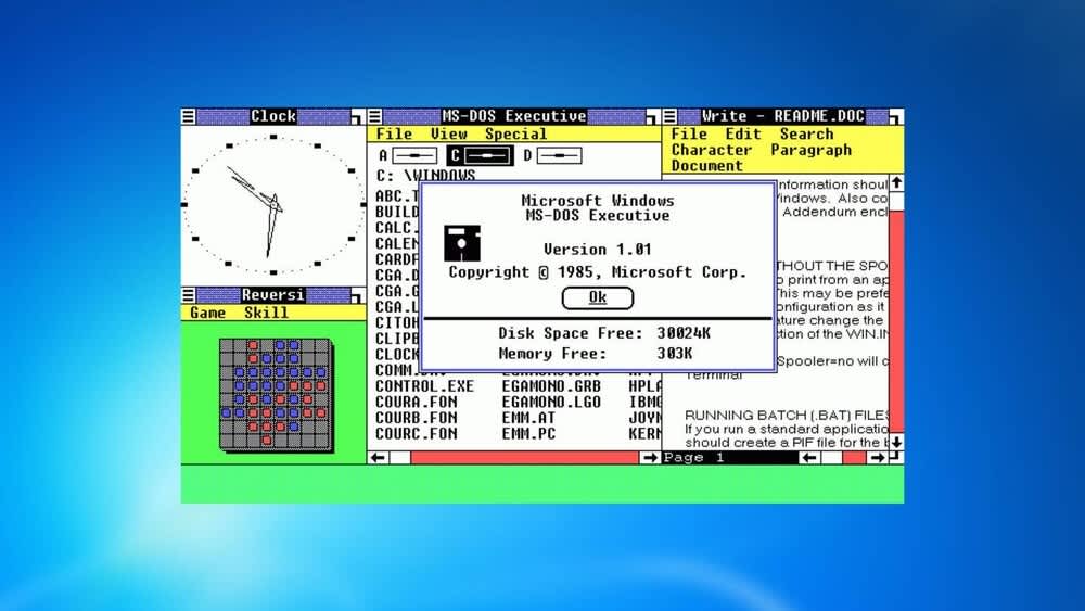 Es ist die Desktop-Oberfläche von Windows 1.0 zu sehen.